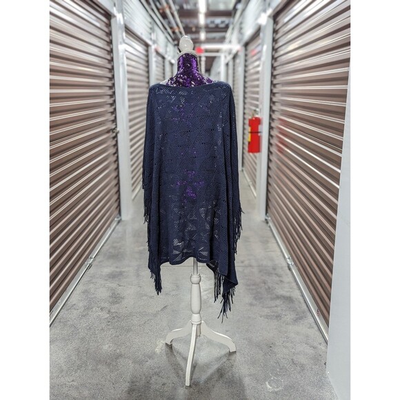 Lane Bryant Navy Blue Plus O/S Knit Crochet Ruana Sweatervwith Fringe - Picture 1 of 11
